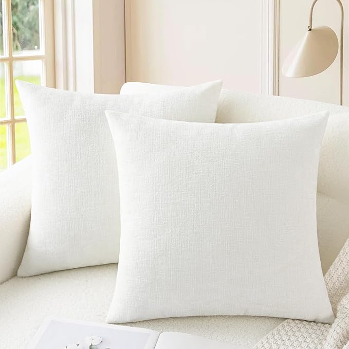 CaliTime Throw Pillow Covers Decorative 20 X 20 Inches Pack of 2 Cozy Chenille Cushion Cases for Couch Sofa Bed Living Room Home True White