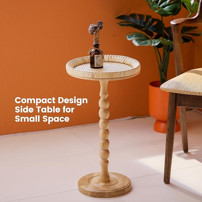 Drink Table，Rattan Round Small Side Table for Small Spaces, Boho Circle End Table Coffee Table with Solid Wood Leg for Living Room, Pedestal Table for Bedroom, Corners