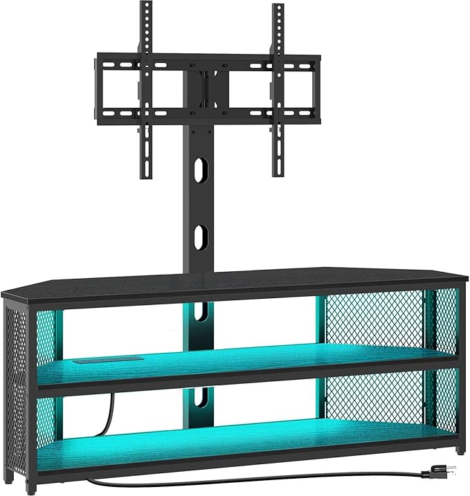 Rolanstar TV Stand with Mount and Power Outlet, Swivel TV Stand with LED Lights for 32/45/55/60/65/70 inch TVs, Black Entertainment Center Media Console with Height Adjustable Mount