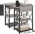 Narrow Side Table with Charging Station, End Tables Set of 2 for Small Spaces, Flip Top End Table with Storage, End Tables Living Room, Nightstand Set 2 with Drawer for Bedroom, Grey