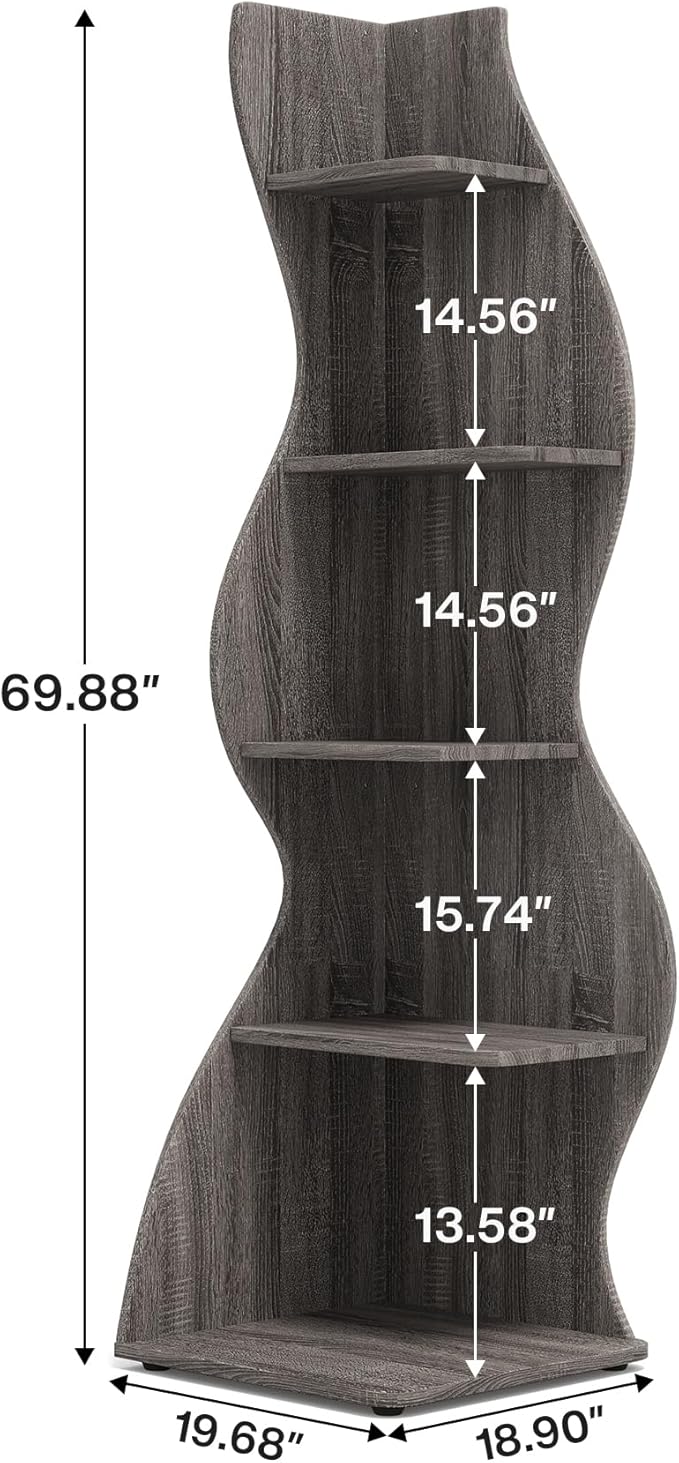 Tribesigns Corner Shelf, Modern 5-Tier Wall Corner Bookshelf, Stylish Corner Small Bookcase Storage Rack Plant Stand with Unique Shape for Living Room, Home Office, (1PC, Gray)