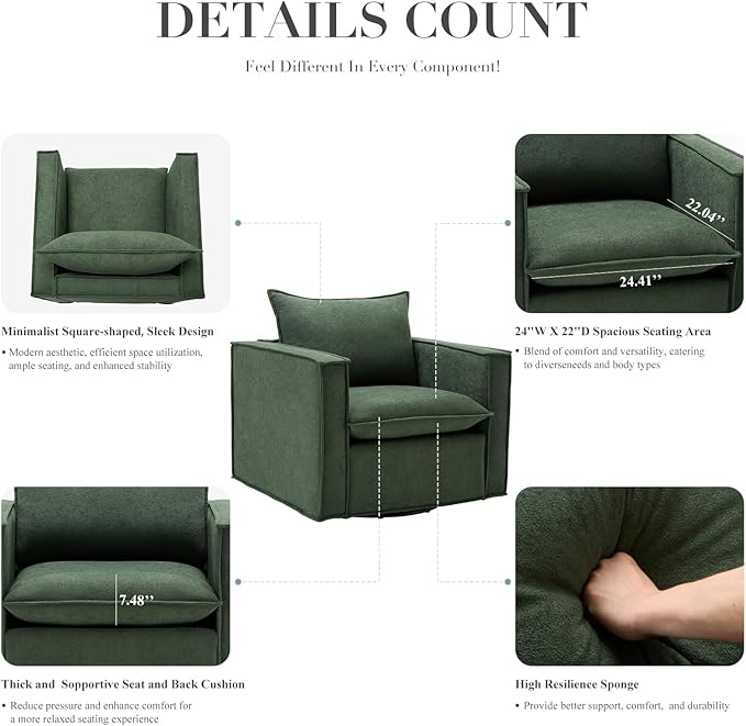 COLAMY Swivel Accent Chair Set of 2, 34 Inches Wide Upholstered Arm Chair with Plump Back Pillow, Modern Sofa Living Room Chair for Bedroom, Corner, Reading Nook-Green