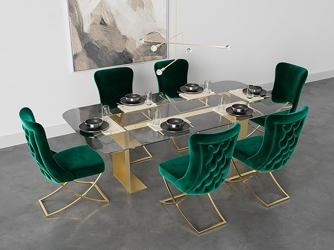 Ottomanson Royal Dining Chairs Set of 8 – Upholstered Tufted Microfiber, Assembled, Gold Metal Legs, Beech Wood Frame, 350 lb Capacity, Green