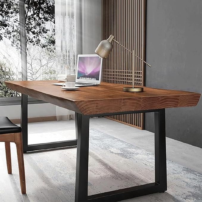 Modern Minimalist Solid Wood Office Desk with Metal Base Easy to Assemble Durable Writing Table Dining Table Computer Desk Multiple Ideal for Living Room and Dining Room (47inch)