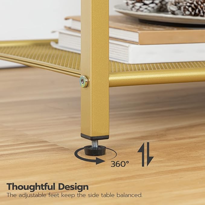 HOOBRO End Table with Charging Station, Side Table with USB Port & Power Outlets, 3-Tier Slim Nightstand with Storage Shelves, Tempered Glass, for Living Room, Bedroom, Gold GD77UBZ01