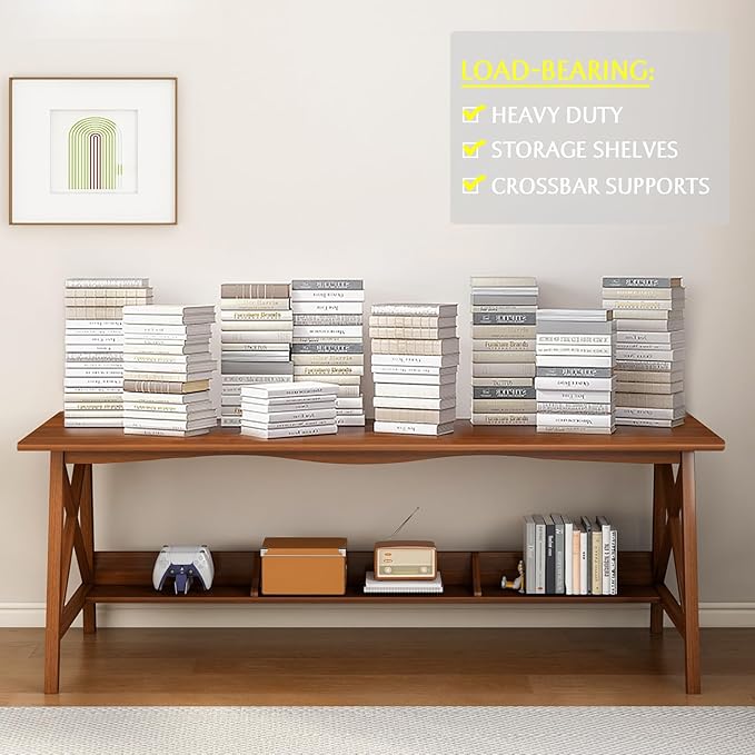Extra Long Desk with Bookshelf - Wooden Home Office Work Study Table, 2-Person Writing Computer Workstation with Storage Shelf in Oak, 71" Wx20 Dx30 H