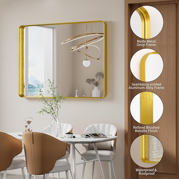 Koonmi Gold Wall Mirror for Bathroom, 30x48 Inch Matte Deep Framed Rounded Rectangle Vanity Mirror for Farmhouse Living Room, Tempered Glass, Anti-Rust, Vertically or Horizontally