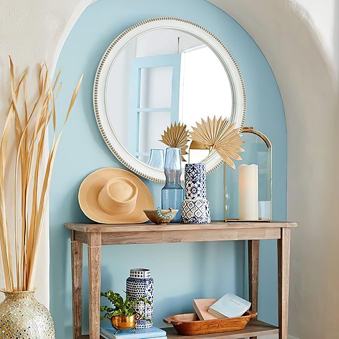 sawsile Wood Circle Mirror,Rustic Farmhouse Wall Mirror 28 inch Round Morden Decoration Wood Large Mirror White Accent Mirror for Bedroom,Living Room