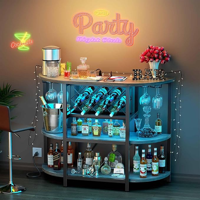 Zarler Bar Cart with Power Outlet Easy to Assemble, LED Home Bar Cabinet for Liquor, 47.3" L x 15.8" D x 36" H Metal Mini Bar Table with 4-Tier Storage, Grey