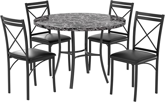 VECELO 5 Piece Dining Table Set for 4, Faux Marble Dinette with Chairs for Kitchen, Breakfast Nook, Small Space, Dark Black