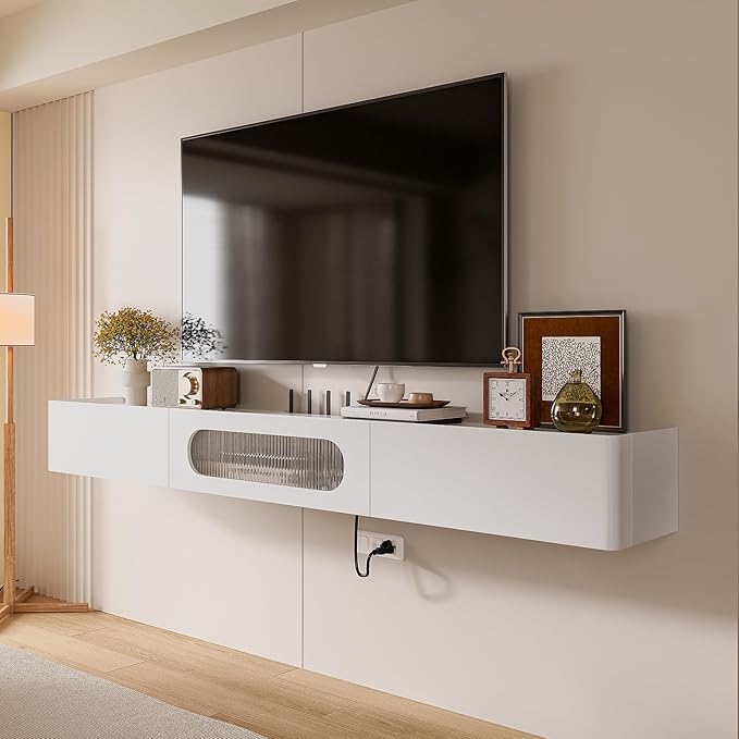 Floaticase Floating TV Stand, 78IN Fully Assembled Hign Gloss Wall Mounted TV Console with Flip-Down Door & Drawers for Livingroom, Bedroom