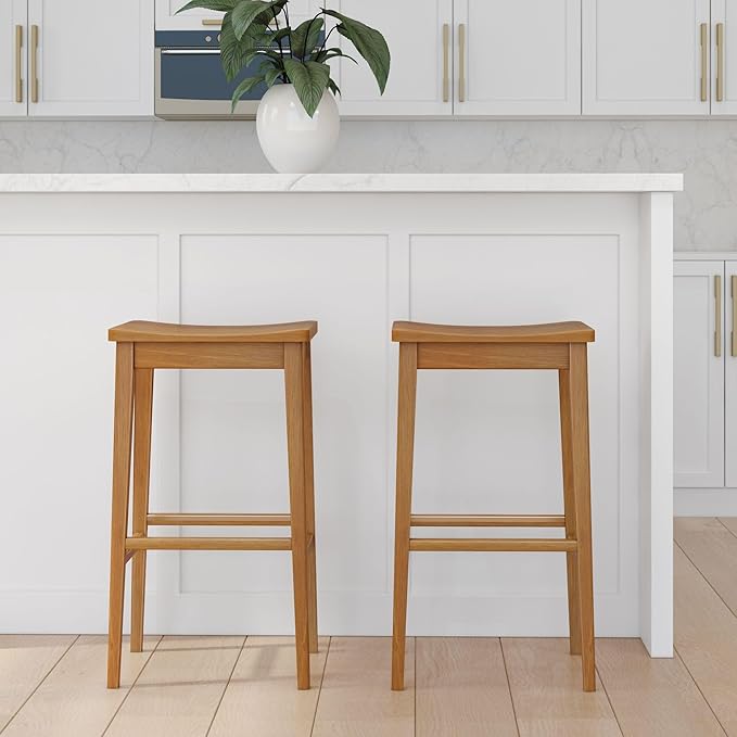 Plank+Beam Smythe Bar Stool, 30", Set of 4, Sturdy Wood Modern Kitchen Bar Height Stool, Saddle Seat Backless Bar Chair, Metal Footrest, Pecan