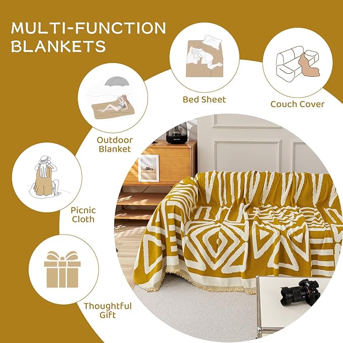 STACYPIK Mustard Yellow Boho Sofa Cover Couch Cover Reversible Jacquard Furniture Protector for 3 Cushion Couch L Shaped Sofa Slipcover Non-Silp Sofa Cushion Covers for Sectional with Tassels-91X134IN