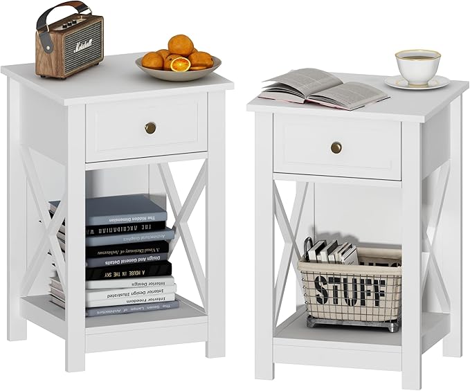 Treocho White Nightstand Set of 2, Modern X-Design Night Stand,Bedside End Table with Open Storage for Small Place,Bedroom