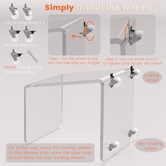 2-Pack Clear Acrylic C Shaped Side Table with Wheels, Modern End Tables for Sofa, Couch, and Bed – 15mm Thick Durable Acrylic Small Snack Laptop Tables for Living Room & Bedroom