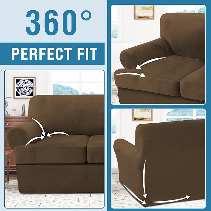 H.VERSAILTEX Sofa Cover 3 Piece T Cushion Sofa Slipcovers Thick Velvet Couch Cover Stretch T Cushion Sofa Covers for 2 Cushion Couch with 2 Individual T Cushion Covers, Bronze Brown