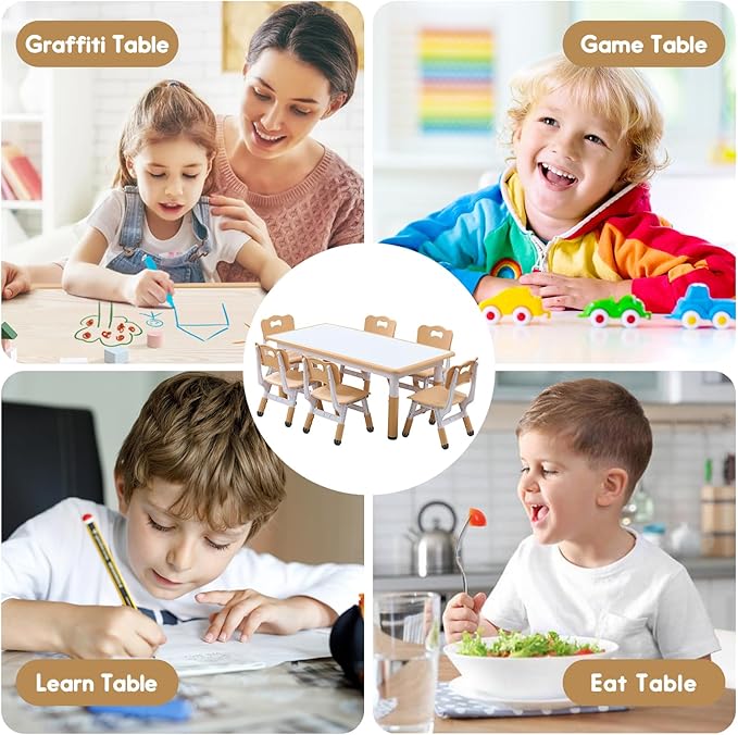 Kids Table and Chair Set Height-Adjustable Toddler & 6-Chair Set with Graffiti-Proof Desktop, Non-Slip Legs – Arts/Crafts Activity Table for Daycare Classrooms Ages 2-12
