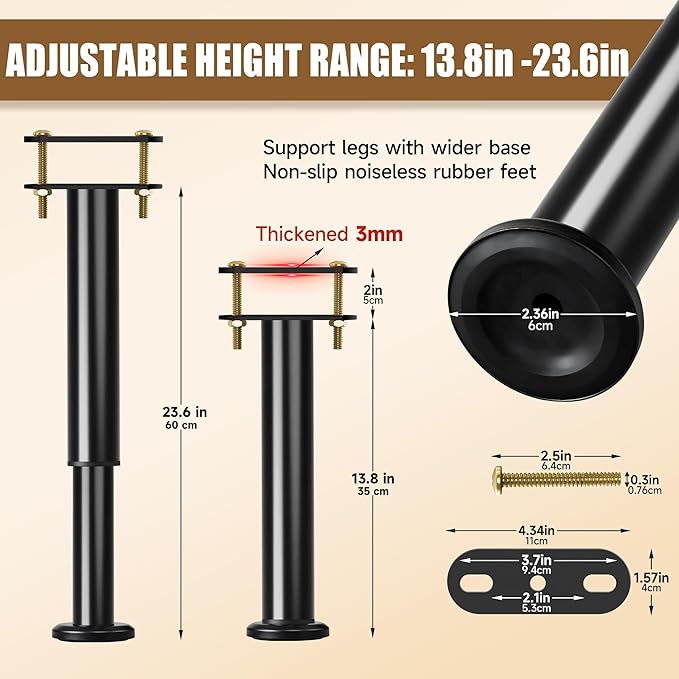 4 Pcs Adjustable Bed Frame Center Support Legs, Heavy Duty Cold Rolled Steel Bed Slat Support Legs With Wider Base, Bed Frame Leg Replacement, Furniture Support Reinforcement Kit, Height 13.8‘’-23.6‘’