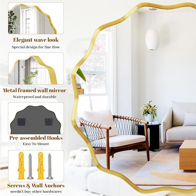 Round Wavy Mirror, 42 Inch Metal Frame Circle Mirror, Round Wall Mounted for Entryway, Bathroom, Vanity, Living Room, Gold