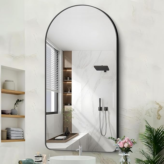 Arched Bathroom Mirror, 30"x50" Black Arched Mirror for Bathroom, Wall Mounted Mirror, Gold Vanity Wall Mirror Metal Frame for Bedroom, Entryway, Living Room, Vertically Hanging