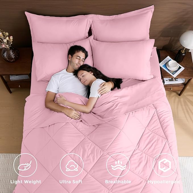 HEVUMYI Pink Twin-XL Comforter Set - 5-Piece All Season Bed in a Bag Twin-XL, Ultra Soft Bedding Set with Comforter, Flat Sheet, Fitted Sheet, Pillowcases, Pillow Shams, Pink
