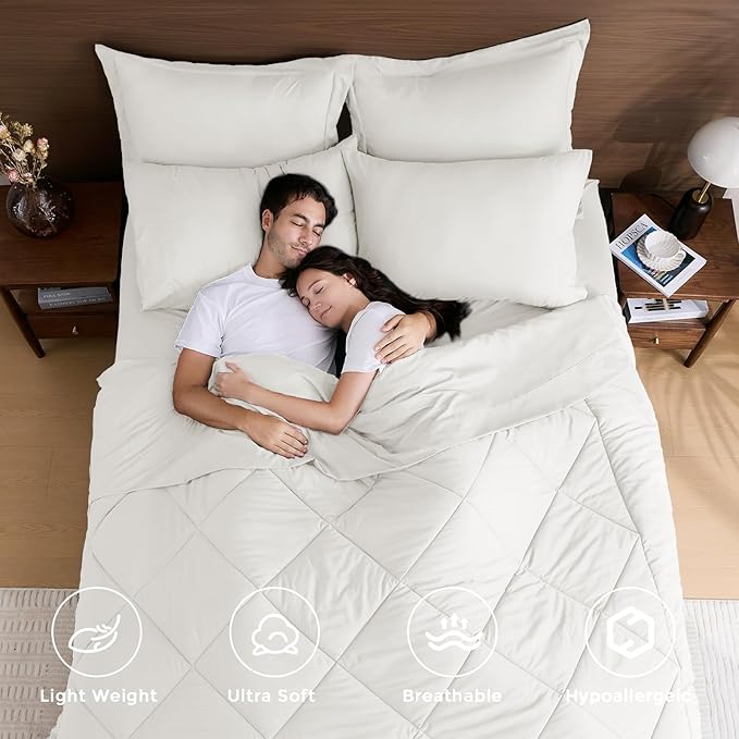 HEVUMYI Ivory Twin Comforter Set - 5-Piece All Season Bed in a Bag Twin, Ultra Soft Bedding Set with Comforter, Flat Sheet, Fitted Sheet, Pillowcases, Pillow Shams
