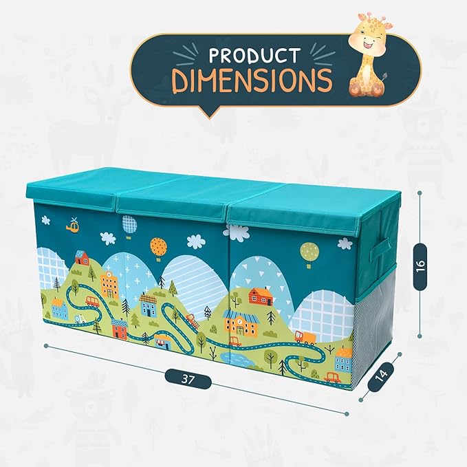 Extra Large Toy Storage Organizer with Lid - Sturdy, Collapsible Toy Chest Storage Box with Cute Design - Toys Bin with Dividers for Kids, Boys, Girls, Nursery, Bedroom, Play room 37"x16"x14"