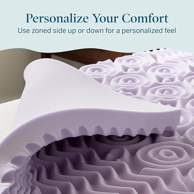 Lucid Lavender Infused 3 Inch Memory Foam Mattress Topper - King Size - Plush Feel - 5 Convoluted Zones - CertiPUR Certified - New Home Owner & Dorm Room Essentials