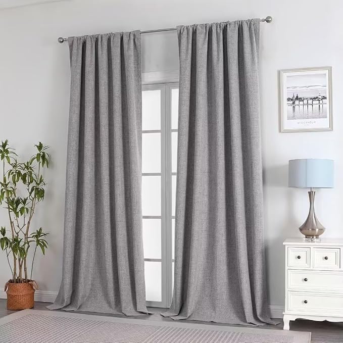 Joydeco Natural Linen Curtains 90 inch Length 2 Panels Set Burg 100% Blackout Patio Door Curtain Room Darkening Sliding Door Curtains Thermal Insulated Back tab Rod Pocket(105x90 inch, Light Grey)