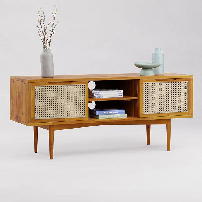 Bme Oliver TV Stand for TVs up to 55", Mid-Century Solid Wood TV Console with Natural Rattan Door, Media TV Console, Entertainment Center with Storage, Fluted Media Cabinet for Living Room, Caramel