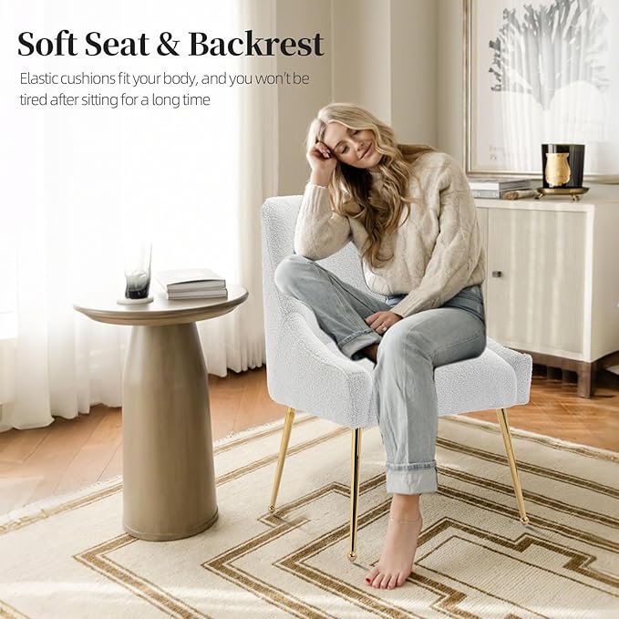 Modern Velvet Dining Chairs Set of 6, Contemporary Upholstered Furniture Collection with Polished Gold Metal Legs, Elegant Accent Chairs for Kitchen Living Room(Teddy Fleece,White)