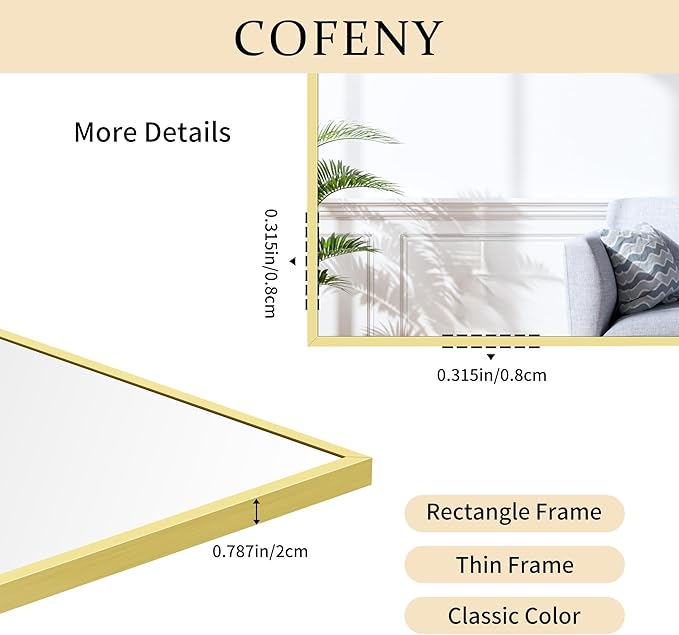 Gold Bathroom Mirror for Wall, 60x30 Inch Rectangle Mirrors with Metal Frame, Modern Vanity Wall Mirror Decor for Bathroom Living Room, Entryway Hangs Horizontal or Vertical