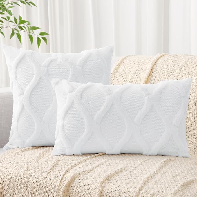decorUhome Throw Pillow Covers 24x24 Inch Set of 2, Soft Plush Faux Fur Wool Pure White Couch Pillow Covers, Decorative Neutral Pillow Cases for Bed Sofa Living Room Home Decor