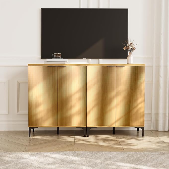 Fluted Sideboard Buffet Cabinet, 2 Doors Side Board Storage Cabinet, Buffet Cabinet with Line Groove Design,Side Board with Metal Legs and Handle, Buffet for Entryway, Natural Wood