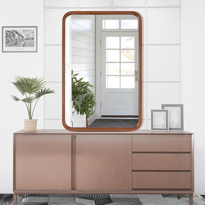 WallBeyond 24x36 Inch Wood Mirror for Bathroom, Wooden Frame Wall Mirror Farmhouse Wall Mounted Rectangle Mirror for Vanity (Horizontal/Vertical Walnut Color)