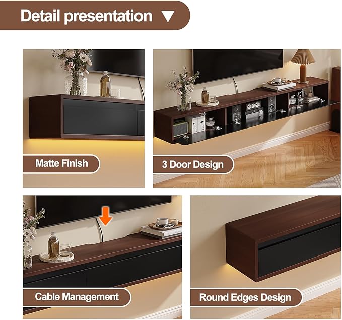 Floating TV Stand Matte Finish, 86'' Wall-Mounted TV Cabinet,Floating TV Console,Under TV Shelf with 3 Doors for Living Room Bedroom(Walnut+Black)