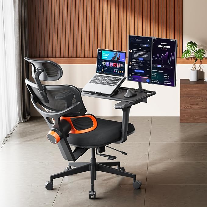 Newtral Ergonomic Office Chair - Home Office Desk Chair, Big and Tall Office Chair with Auto-Following Lumbar Support, Adjustable Seat Depth and Height (No Foot Rest + Laptop Table, Black)