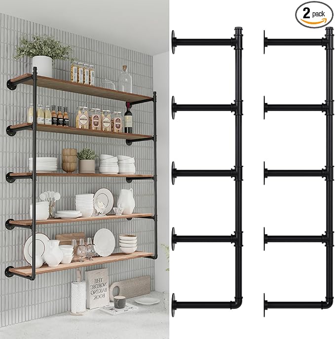 Industrial Pipe Shelf Brackets Wall Mount,Open Black Pipe Shelving for Kitchen,Floating Shelf Brackets Mount,Open Bookshelf Brackets for Shelves,Wall Shelves 12 Inch Deep(2PcsX5Tier,61" Tall)