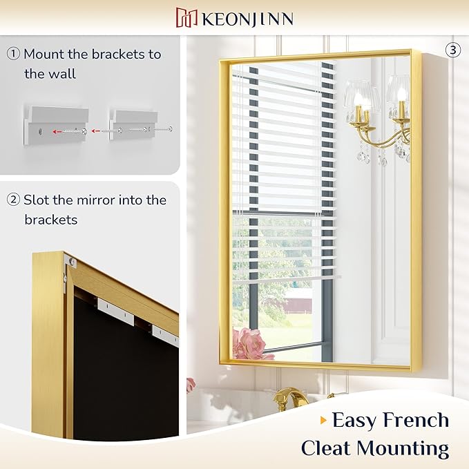 Keonjinn Gold 60 x 36 Inch Brushed Gold Metal Framed Rectangular Wall Mirror