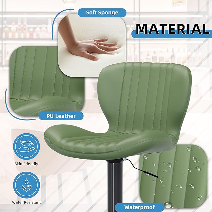 Shintenchi Bar Stools Set of 2 Modern Swivel Bar Chairs, Counter Height Faux Leather Metal Barstools, Upholstered Island Chairs with Back and Footrest, Green