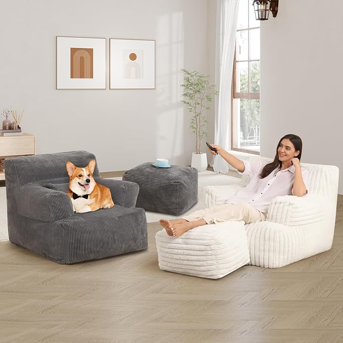 Comfy Gaint Bean Bag Chair with Ottoman, Huge Bean Bag Armchair for Adults and Teens, Dark Grey