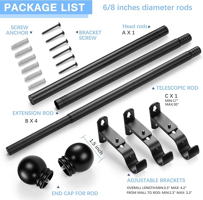 Curtain Rods for Windows 16 to 92 Inches, Curtain Rod Max Adjustable Length of 104 IN, 6/8" Diameter Drapery Rods Round Finials, Black, Pack of 1