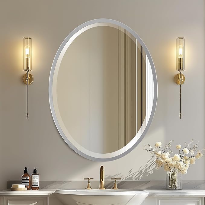 OVALCREST - Oval Wooden Beveled Wall Mirror for Home Decor, Bathroom, Vanity, Bedroom, Living Room, Hallway - London Style (Silver Spray) 25.1 x 31.1