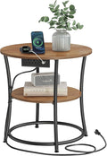VASAGLE Side Table, 2-Tier Round End Table with Power Outlets, Nightstand with Steel Frame for Small Spaces, Living Room, Bedroom, Honey Brown and Ink Black ULET077K02