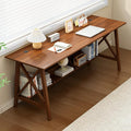 Extra Long Desk with Bookshelf - Wooden Home Office Work Study Table, 2-Person Writing Computer Workstation with Storage Shelf in Walnut, 63" Wx20 Dx30 H
