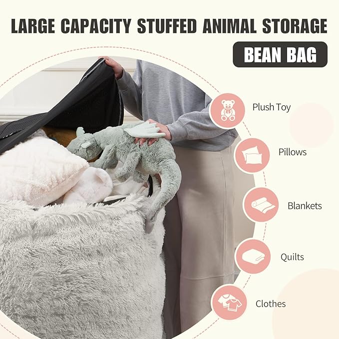 Large Bean Bag Chair Cover, Plush Bean Bags Chairs Cover Only Without Filler Included, Beanbag Chairs for Adults, Teens, Kids, 7FT, Light Grey