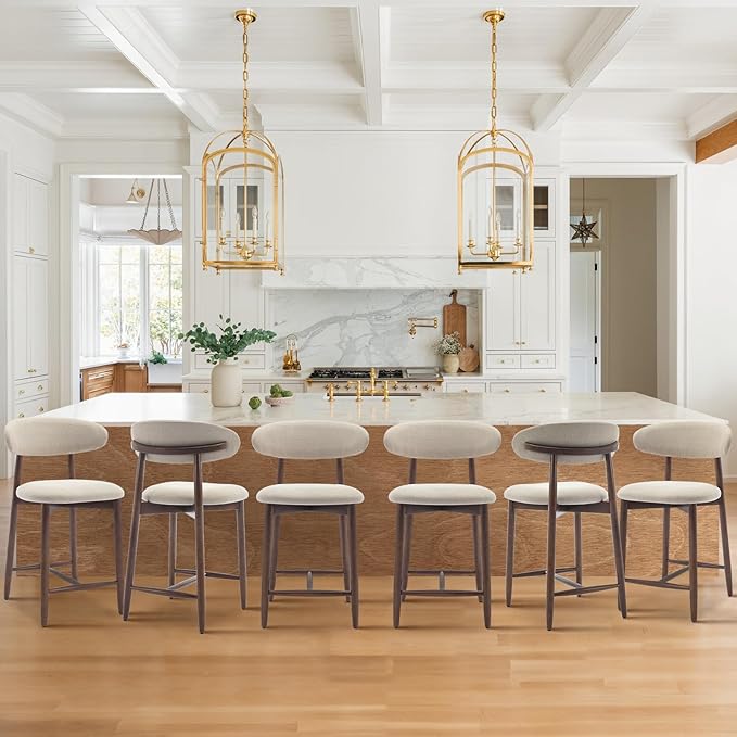 COLAMY Counter Height Bar Stools Set of 6, Kitchen Bar Stools with Back, Mid Century Modern Upholstered Stools, with Wood Legs for Kitchen Island Dining Room, Beige