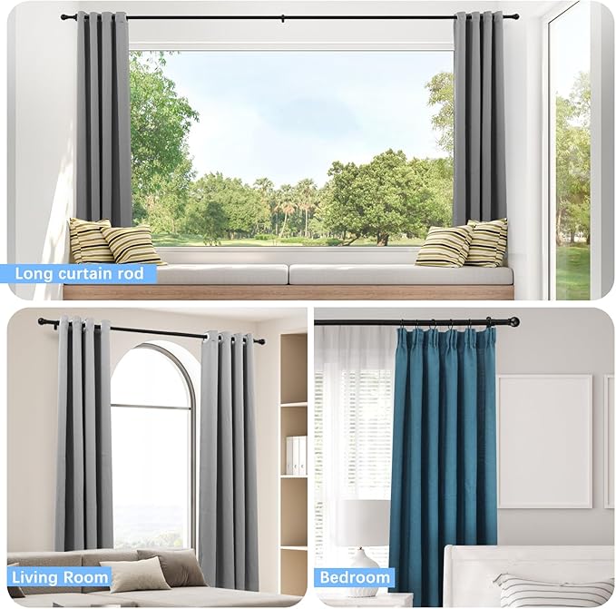 Curtain Rods for Windows 16 to 120 Inches, Curtain Rod Max Adjustable Length of 132 IN, 1" Diameter Drapery Rods Round Finials, Black, Pack of 1