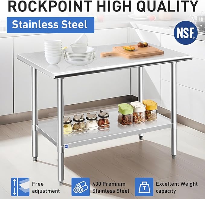 ROCKPOINT Stainless Steel Table for Prep & Work 14x60 Inches, NSF Metal Commercial Kitchen Heavy Duty Table with Adjustable Under Shelf and Table Foot for Restaurant, Home and Hotel