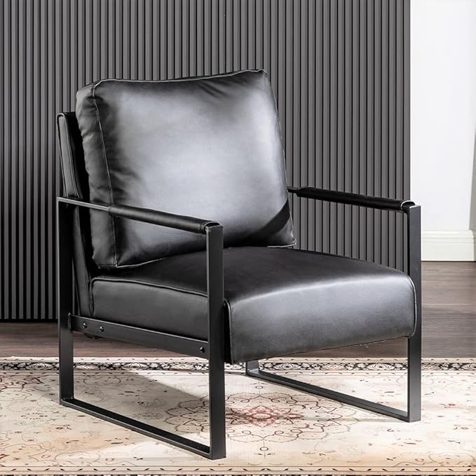 Container Furniture Classic Mid Century Modern Accent Chair with Durable Square Metal Frame, Armchair for Living Room, Bedroom, Home Office in Spotted Microfiber Upholstery, Black -PU Leather